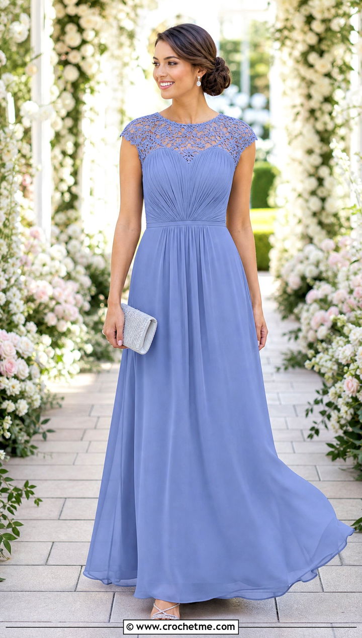 Crochet Yoke Chiffon Maxi Bridesmaid Dress With Crystal Sandals - 30 Crochet Bridesmaid Dress outfit ideas