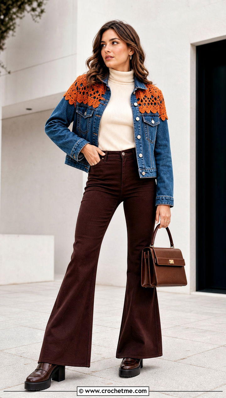 Crochet Yoke Denim Jacket With Flared Pants - 30 crochet denim jacket outfit ideas
