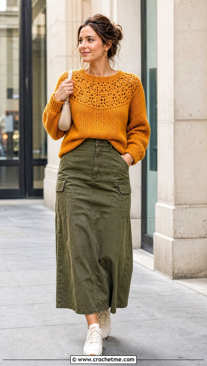 Crochet Yoke Panel Sweater With Cargo Maxi Skirt - 30 crochet panel sweater outfit ideas