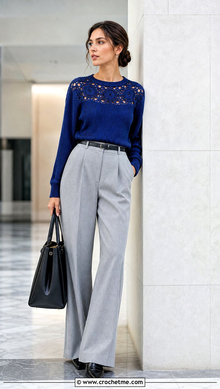 Crochet Yoke Sweater With Wide Leg Suit Pants - 15 crochet sweater collection outfit ideas