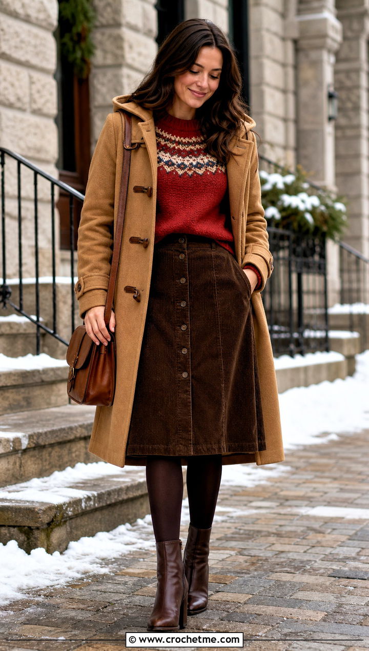 Crochet Yoke Sweater With a Corduroy Skirt - 30 crochet winter sweater outfit ideas