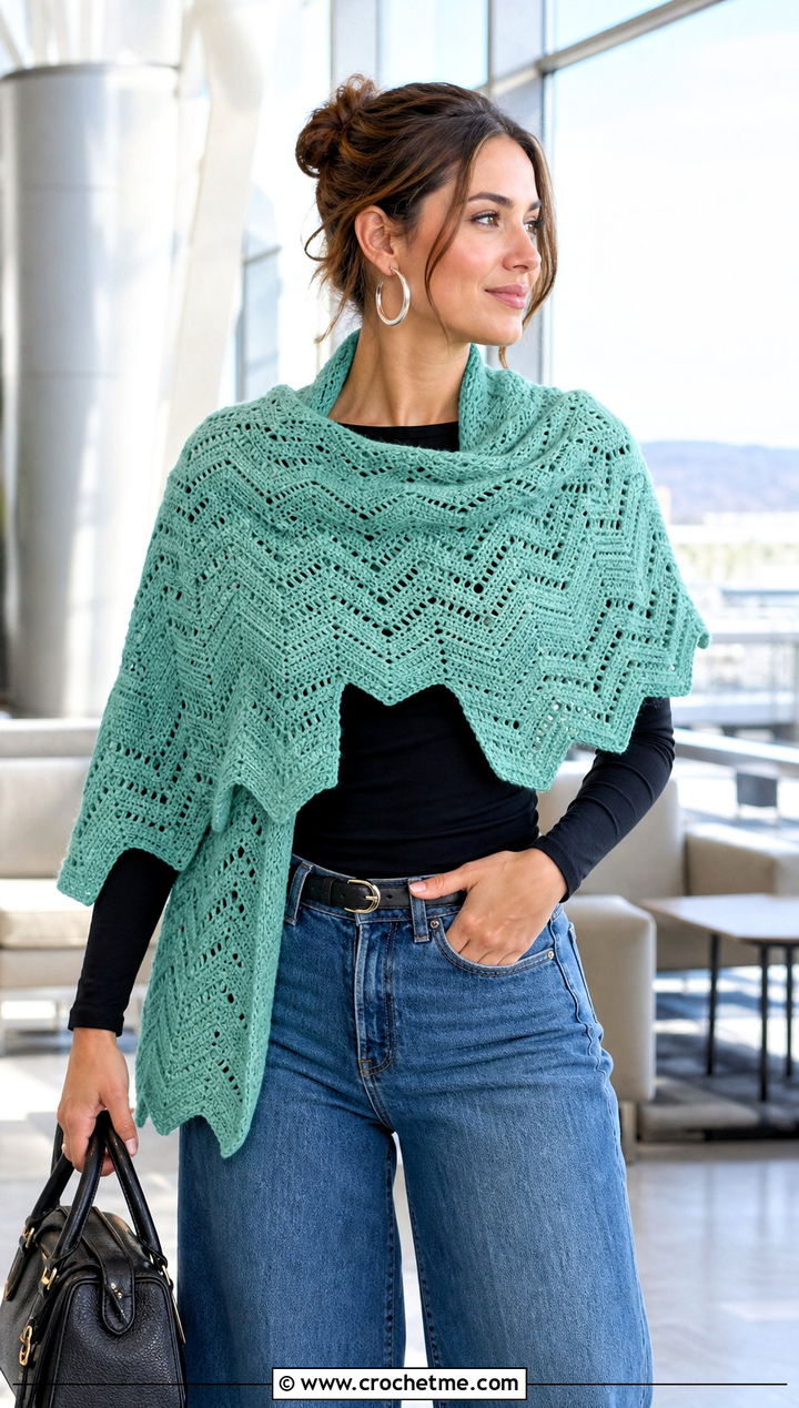 Crochet Zig Zag Scarf Wrap With Wide Leg Jeans - 20 Crochet Zig Zag Scarf outfit ideas