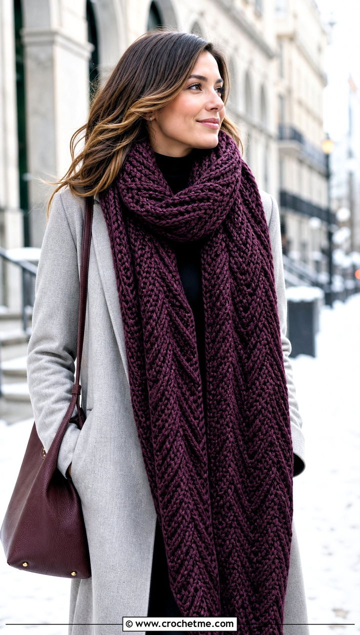 Crochet Zig Zag Super Scarf With Long Coat - 20 Crochet Zig Zag Scarf outfit ideas
