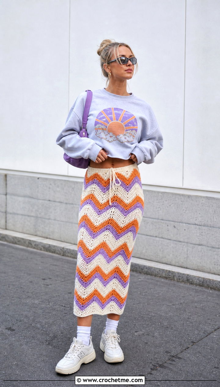 Crochet Zigzag Drawstring Skirt With Graphic Sweatshirt - 15 colorful crochet zigzag skirt outfit ideas