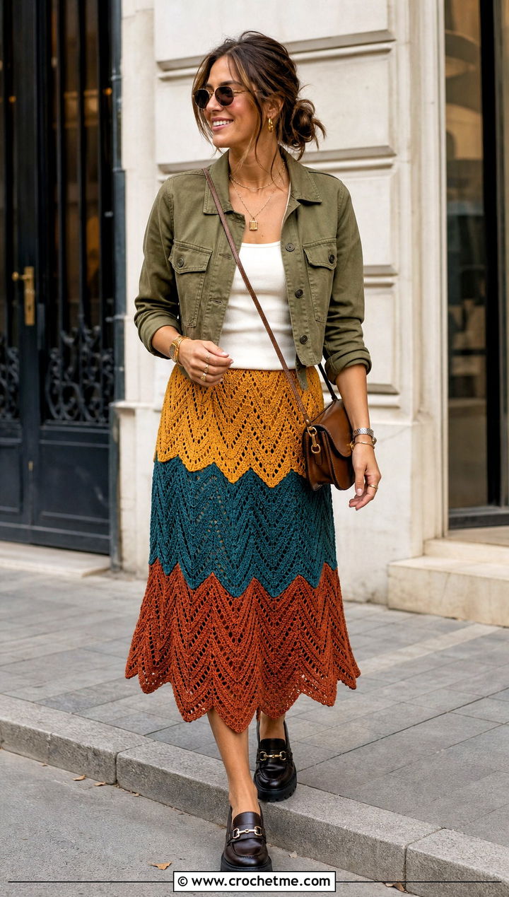 Crochet Zigzag Tiered Skirt With Utility Jacket - 15 colorful crochet zigzag skirt outfit ideas