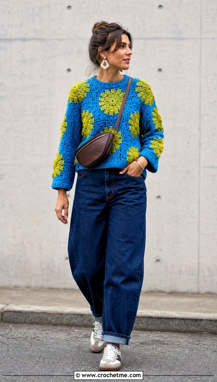 Crochet Zinnia Sweater With Barrel Jeans - 30 crochet flowers on sweater outfit ideas