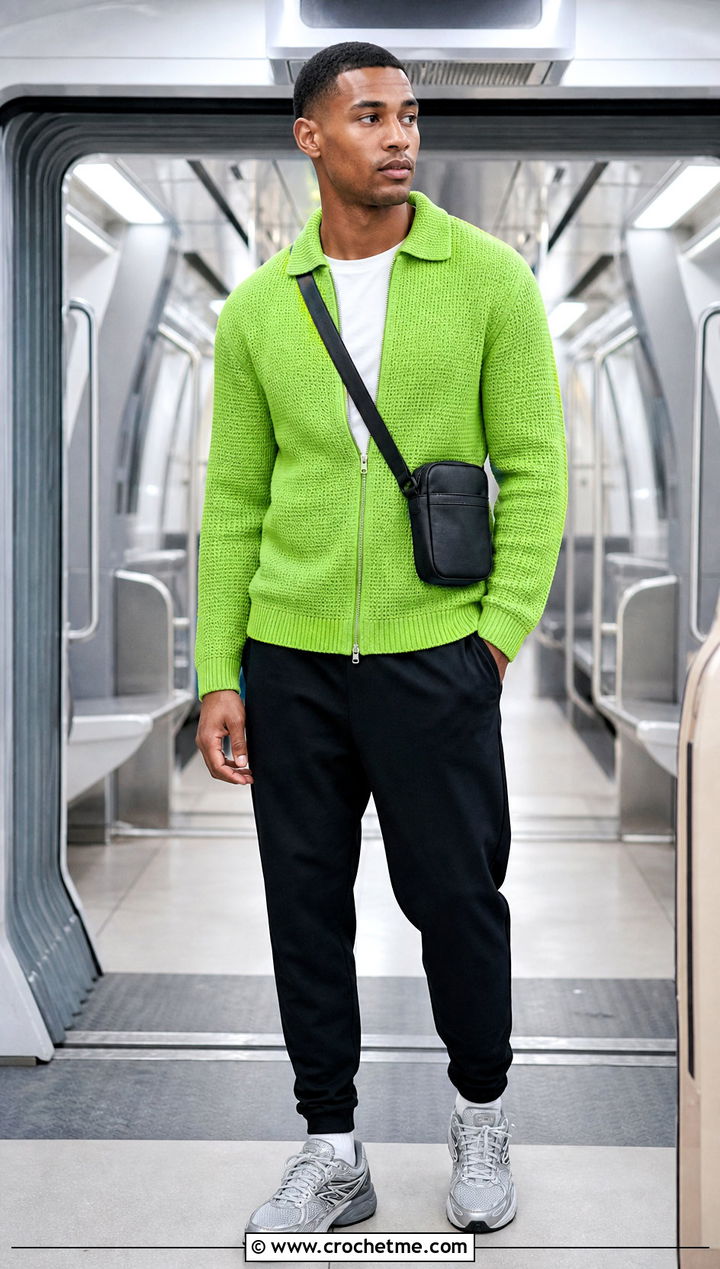 Crochet Zip Cardigan With Track Pants - 30 Mens Crochet Outfit ideas