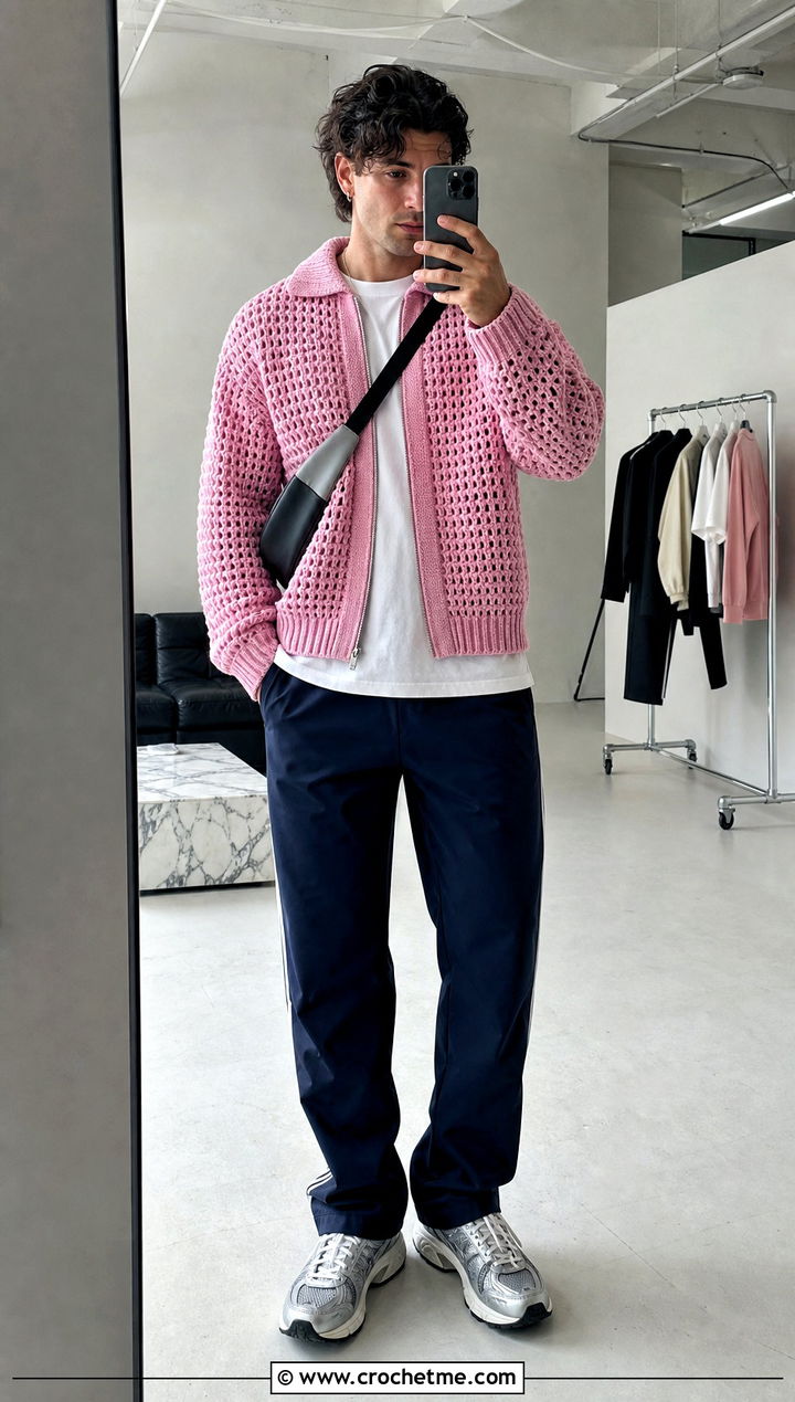 Crochet Zip Cardigan With Track Pants - 25 crochet men's clothes and outfit ideas
