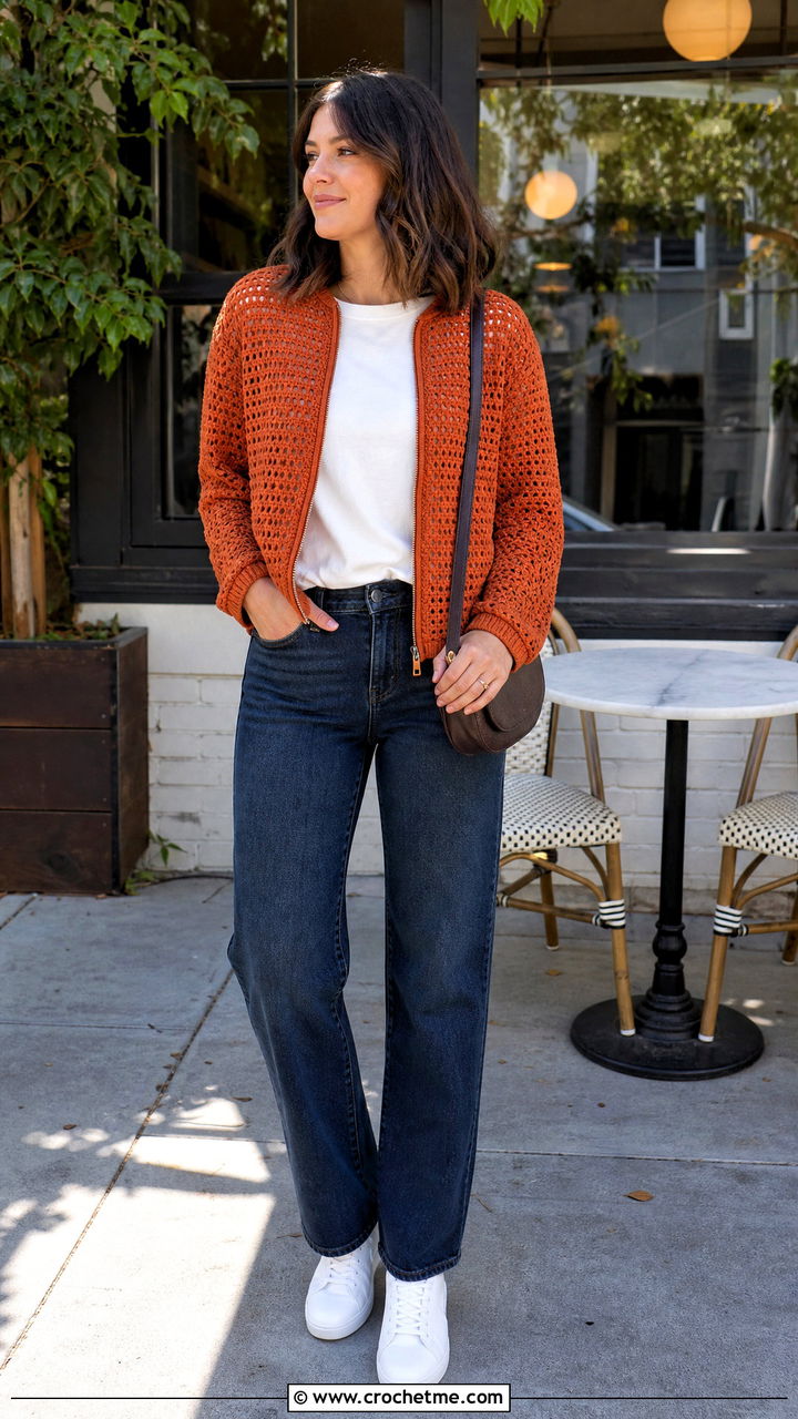 Crochet Zip Jacket With Straight Jeans - 35 crochet garments outfit ideas