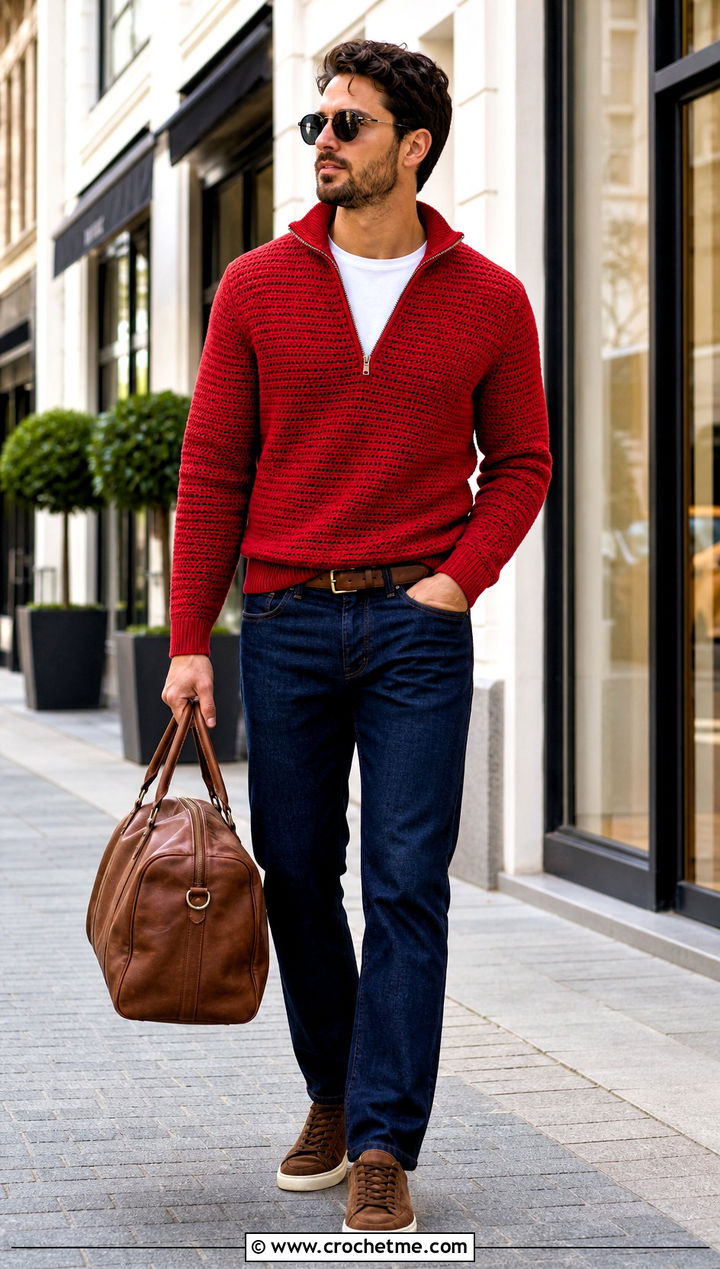Crochet Zip Neck Sweater With Dark Jeans - 35 crochet man sweaters outfit ideas