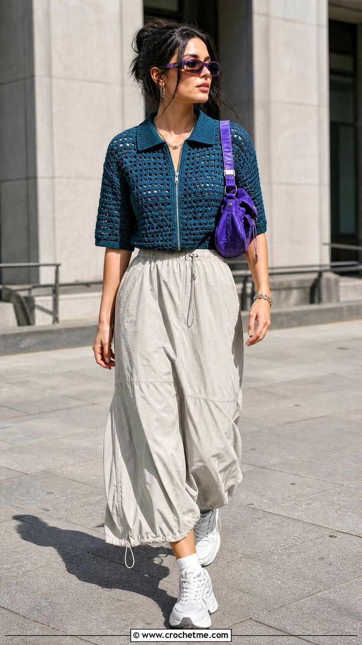 Crochet Zip Polo Shirt With Parachute Skirt - 35 crochet shirts outfit ideas