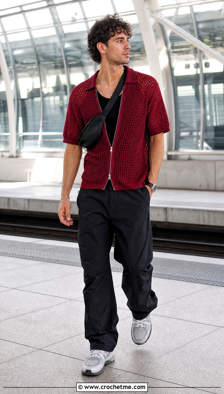 Crochet Zip Polo With Technical Trousers - 30 men crochet top outfit ideas