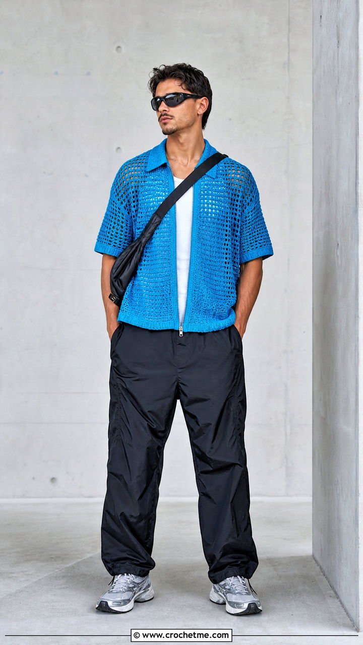 Crochet Zip Shirt With Nylon Pants - 35 crochet men shirt outfit ideas