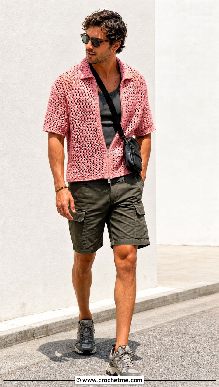 Crochet Zip Shirt With Utility Shorts - 30 men crochet top outfit ideas