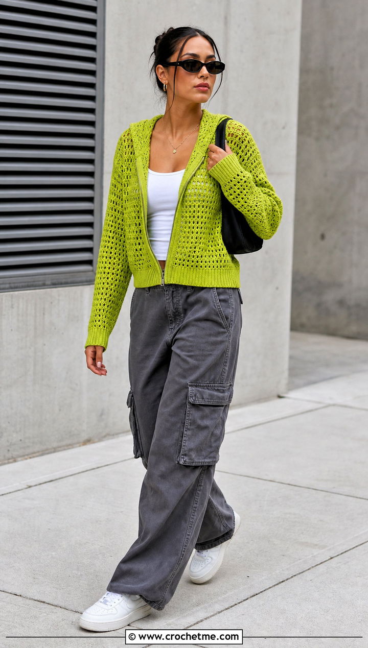 Crochet Zip Up Hoodie With Cargo Pants - 25 Easy Crochet Hoodie outfit ideas