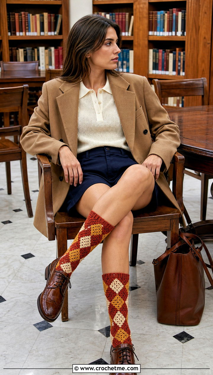 Crocheted Argyle Socks With Tailored Shorts And Brogues - 25 Crocheted Socks outfit ideas