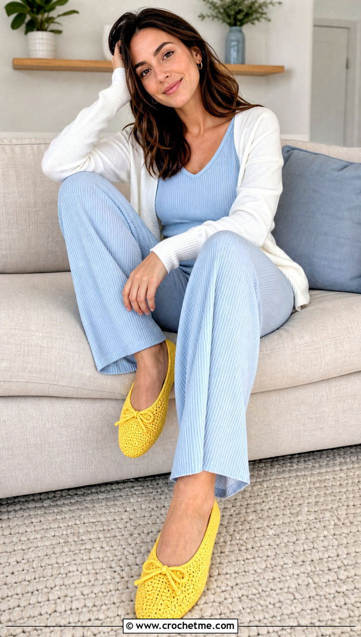 Crocheted Ballet Slippers With Matching Lounge Set - 25 Easy Crocheted Slippers outfit ideas