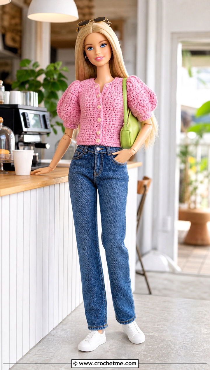 Crocheted Barbie Puff Sleeve Cardigan With Jeans - 25 Crocheted Barbie Clothes and outfit ideas