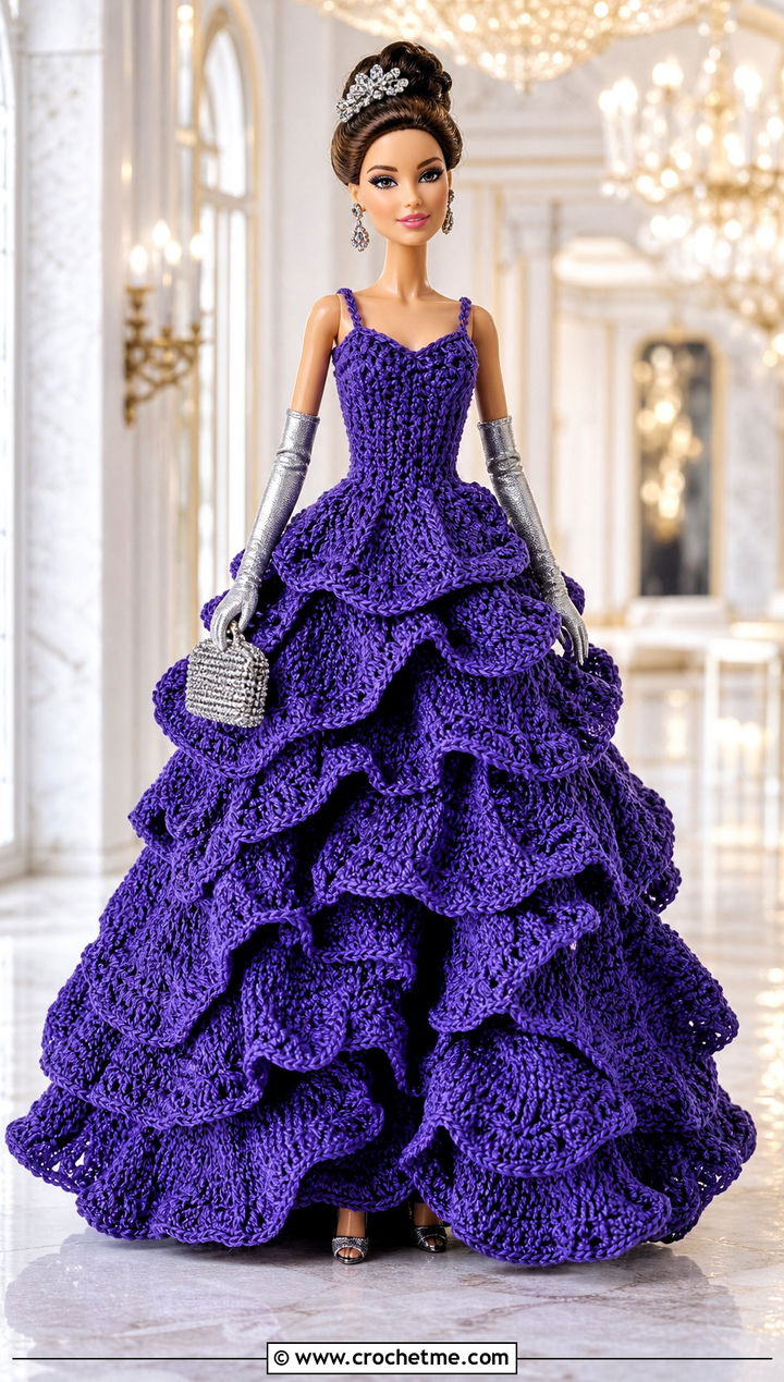Crocheted Barbie Ruffle Ball Gown With Gloves - 25 Crocheted Barbie Clothes and outfit ideas