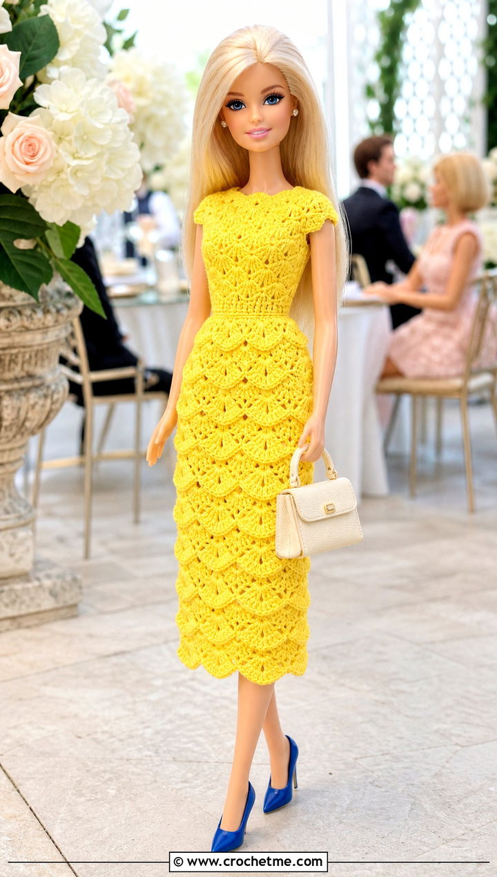 Crocheted Barbie Shell Stitch Dress With Pumps - 25 Crocheted Barbie Clothes and outfit ideas