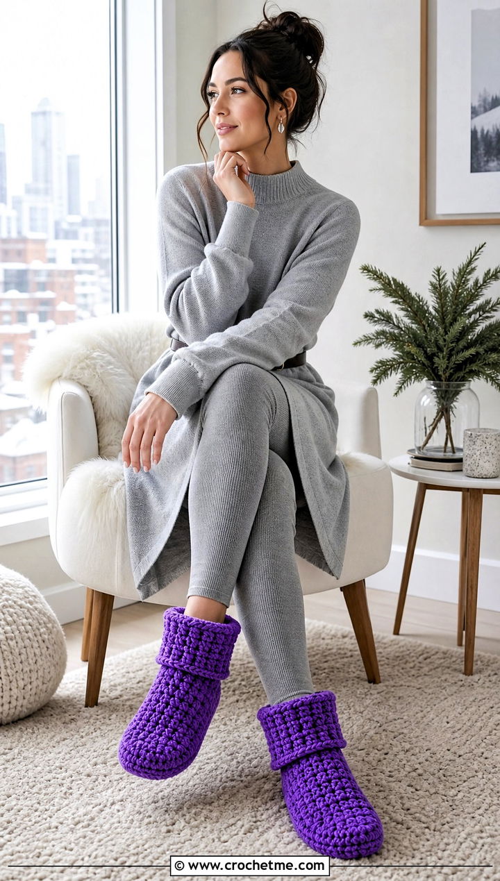 Crocheted Bootie Slippers With Sweater Dress - 25 Easy Crocheted Slippers outfit ideas