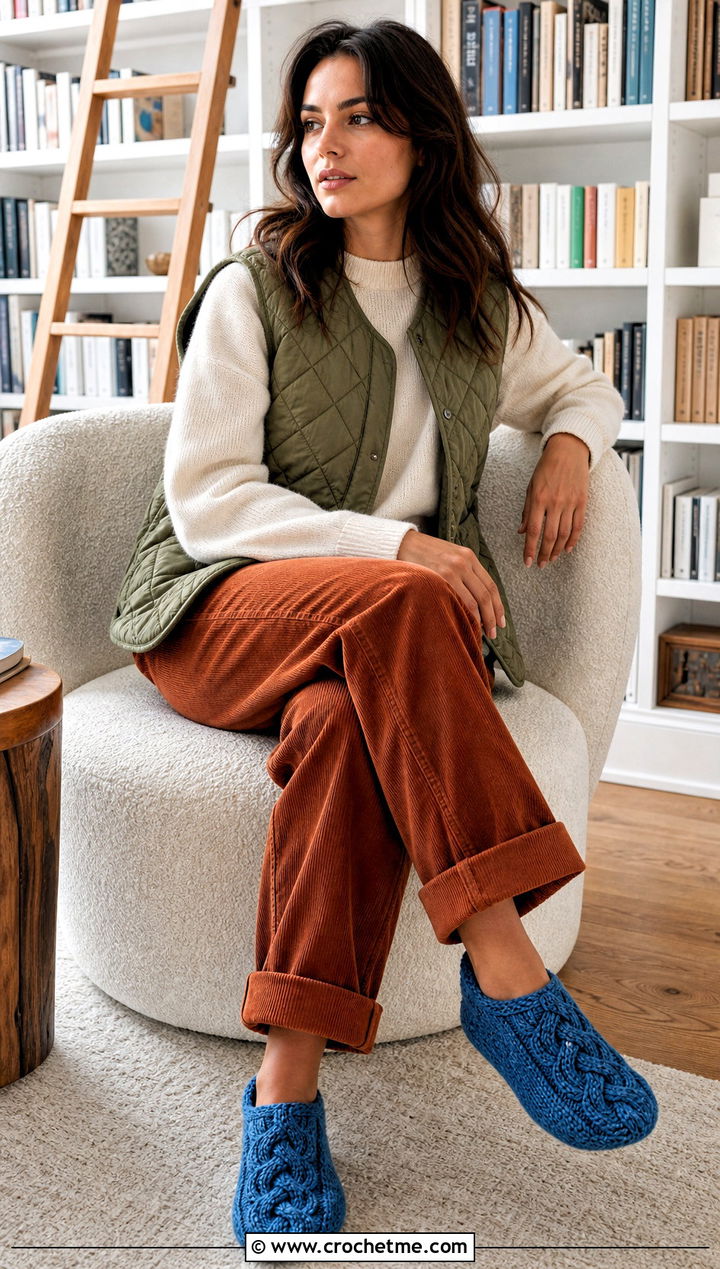 Crocheted Cable Slippers With Corduroy Pants - 25 ladies crocheted slippers outfit ideas