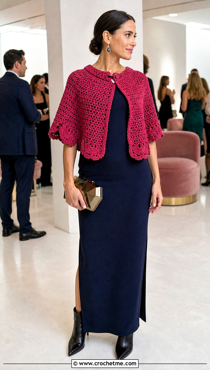 Crocheted Capelet Shawl With A Column Maxi Dress - 20 Crocheted Shawl outfit ideas