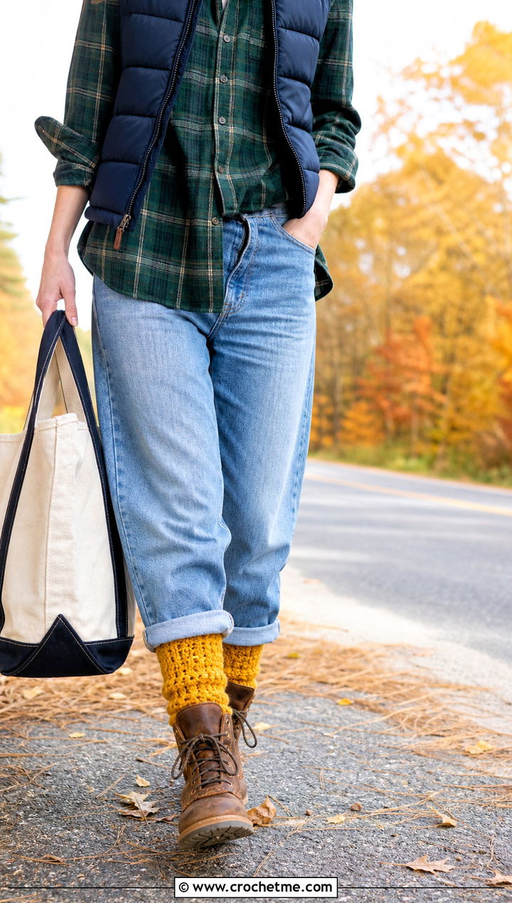 Crocheted Chunky Socks With A Puffer Vest And Cuffed Jeans - 25 Crocheted Socks outfit ideas