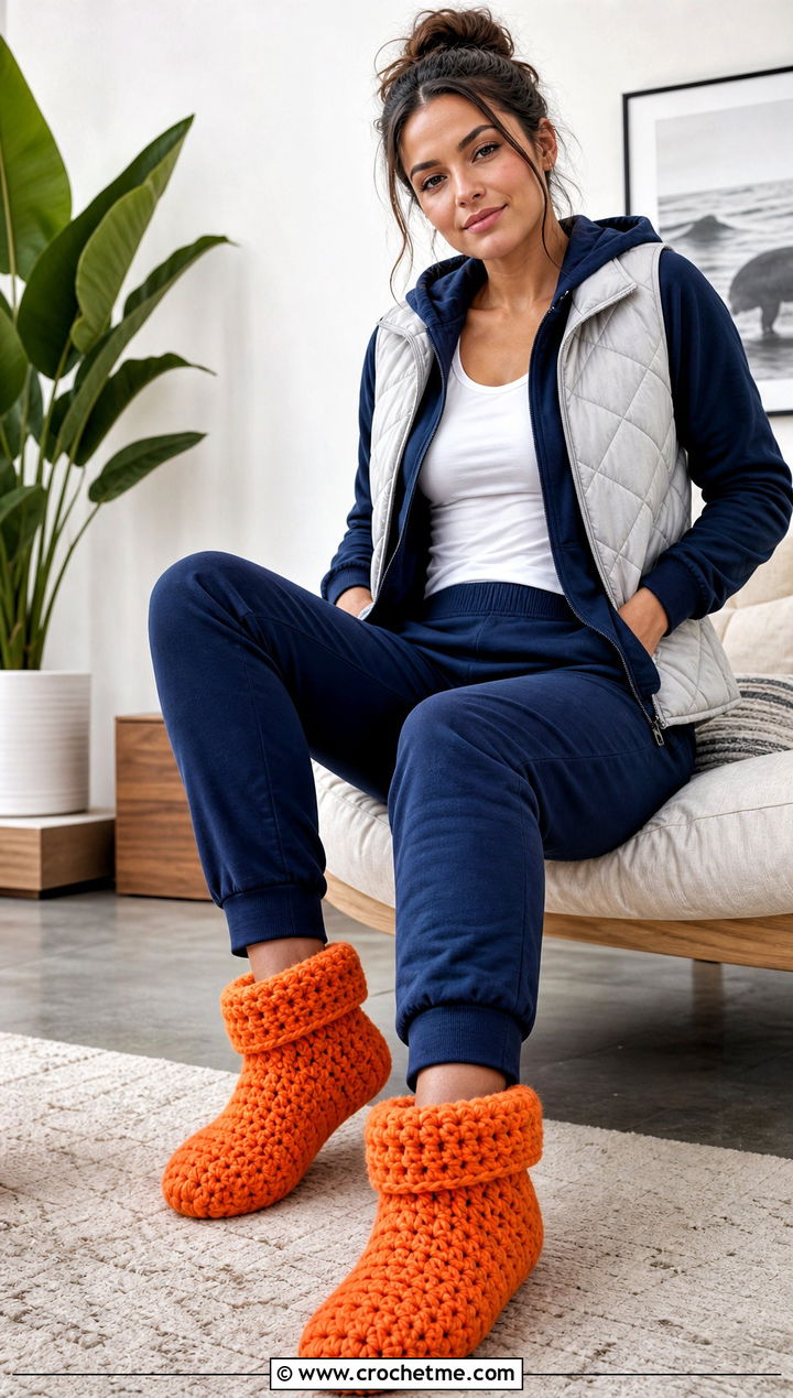 Crocheted Cuffed Boot Slippers With Joggers - 25 ladies crocheted slippers outfit ideas