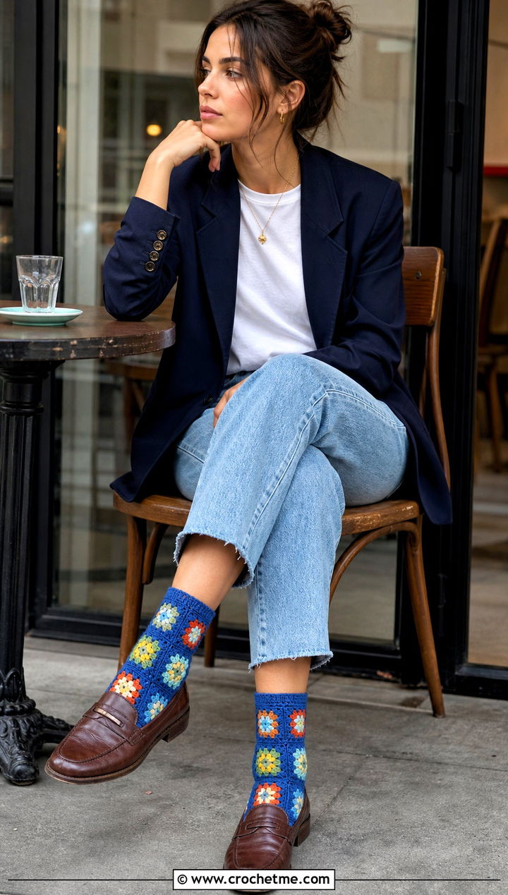 Crocheted Granny Square Ankle Socks With Loafers And Jeans - 25 Crocheted Socks outfit ideas