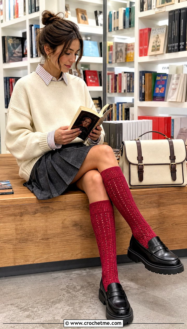 Crocheted Knee High Socks With A Pleated Skirt And Loafers - 25 Crocheted Socks outfit ideas