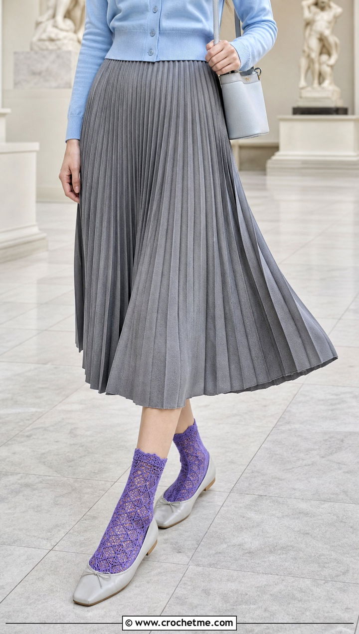 Crocheted Lace Crew Socks With A Midi Skirt And Ballet Flats - 25 Crocheted Socks outfit ideas