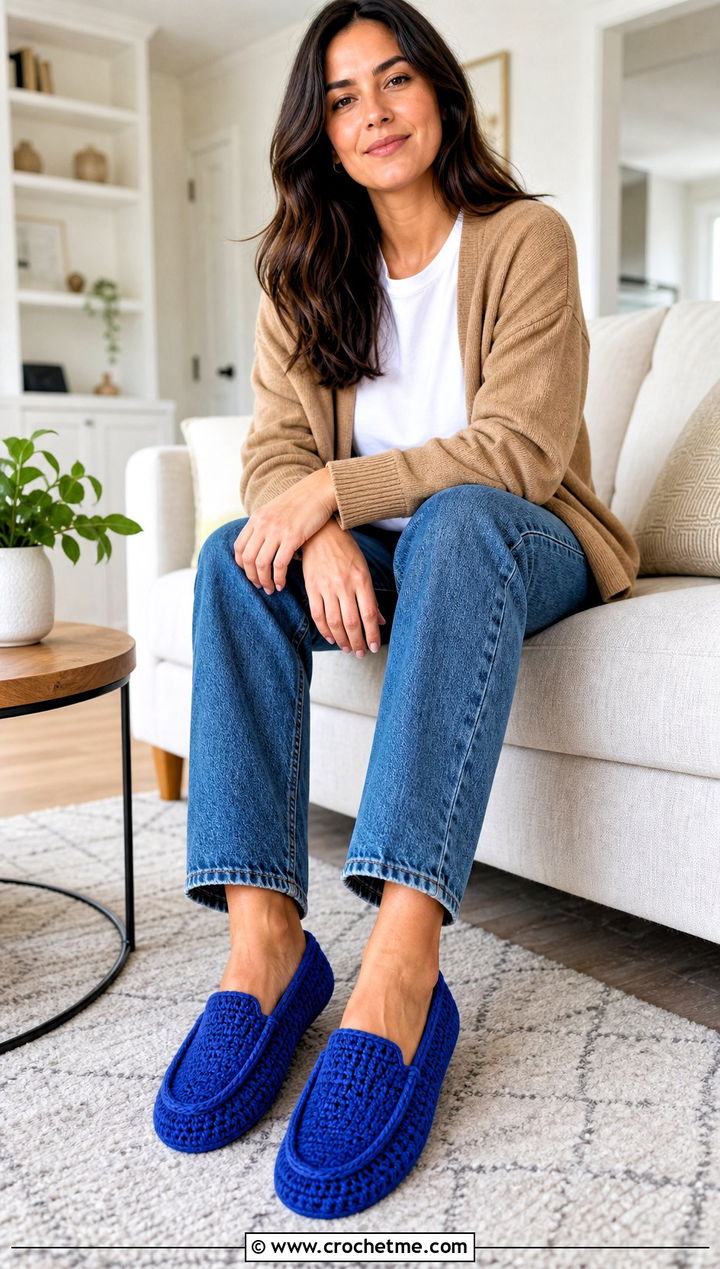 Crocheted Moccasin Slippers With Jeans - 25 ladies crocheted slippers outfit ideas