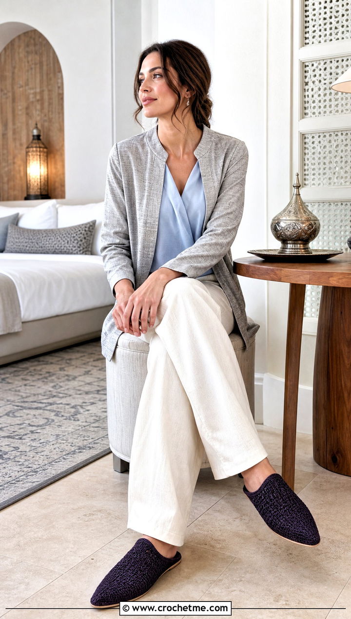 Crocheted Moroccan Slippers With Linen Pants - 25 ladies crocheted slippers outfit ideas