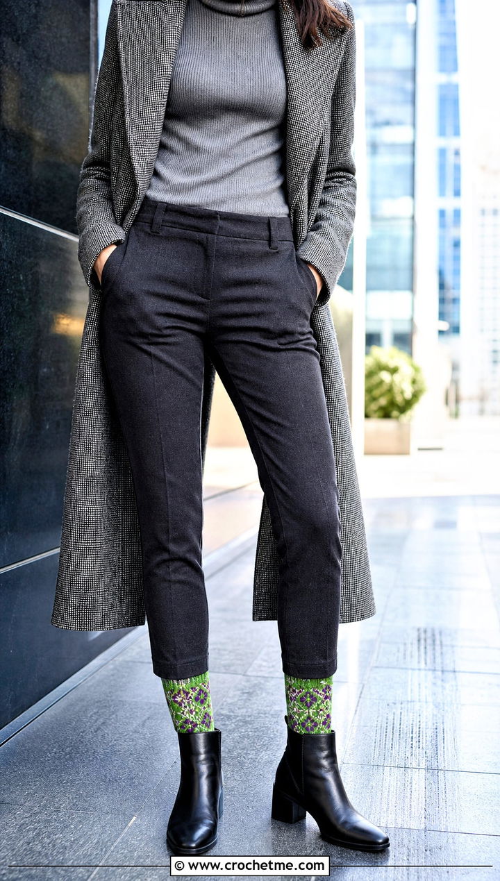 Crocheted Mosaic Socks With A Monochrome Coat And Boots - 25 Crocheted Socks outfit ideas