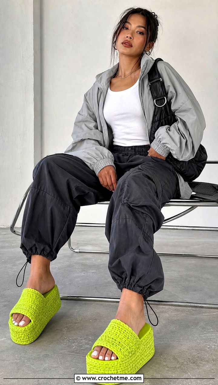 Crocheted Platform Slippers With Cargo Pants - 25 ladies crocheted slippers outfit ideas