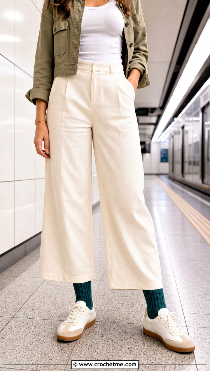 Crocheted Ribbed Socks With Wide Leg Trousers And Sneakers - 25 Crocheted Socks outfit ideas