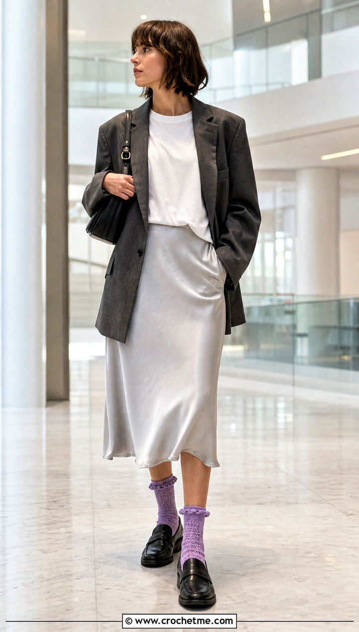Crocheted Ruffle Cuff Socks With A Slip Skirt And Loafers - 25 Crocheted Socks outfit ideas