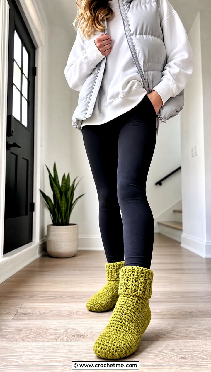 Crocheted Slipper Socks With Leggings And Puffer Vest - 25 Easy Crocheted Slippers outfit ideas