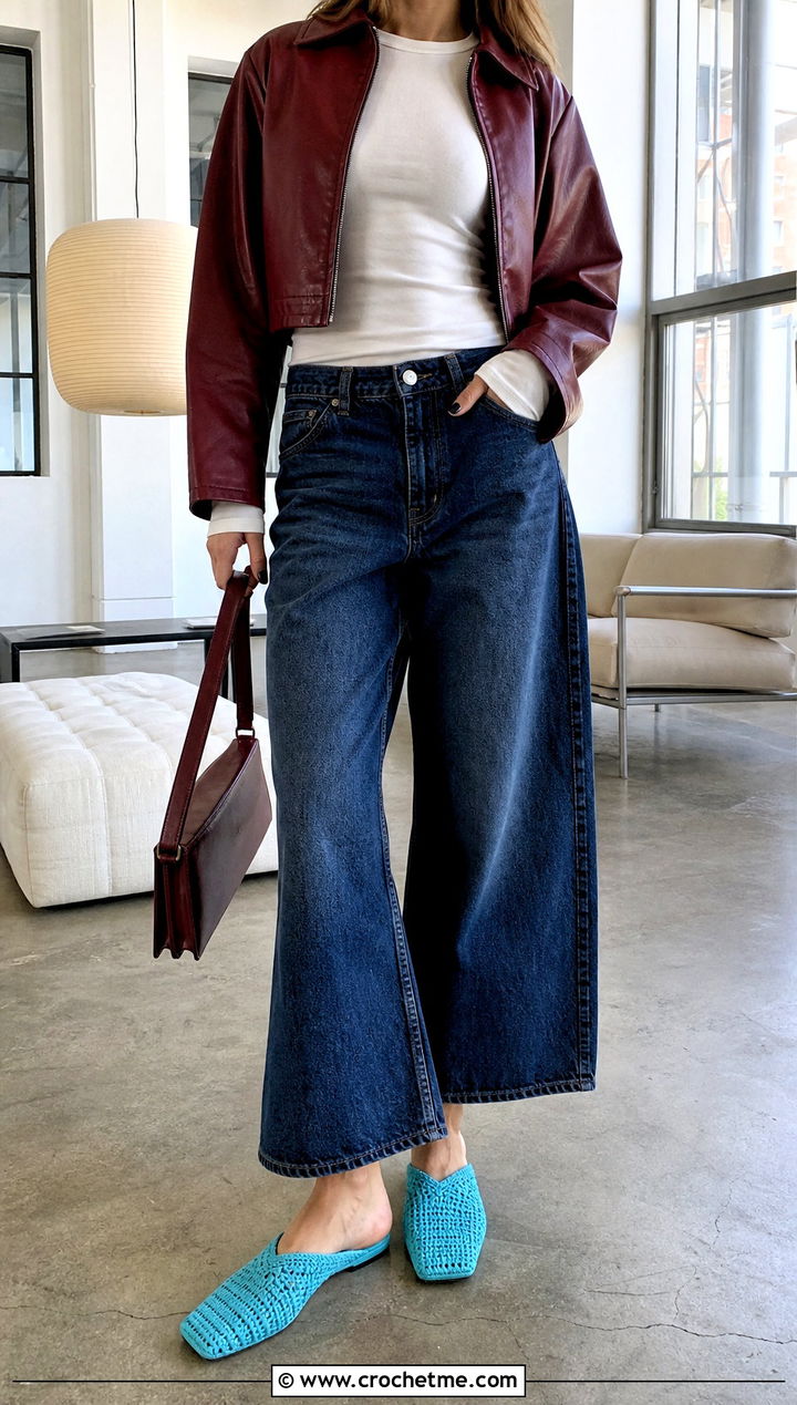 Crocheted Square Toe Slippers With Wide Leg Jeans - 25 ladies crocheted slippers outfit ideas
