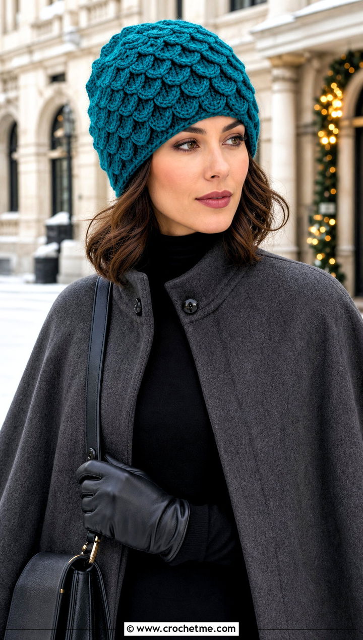 Crocodile Stitch Beanie With Cape Coat And Tall Boots - 30 crochet stitch hat outfit ideas