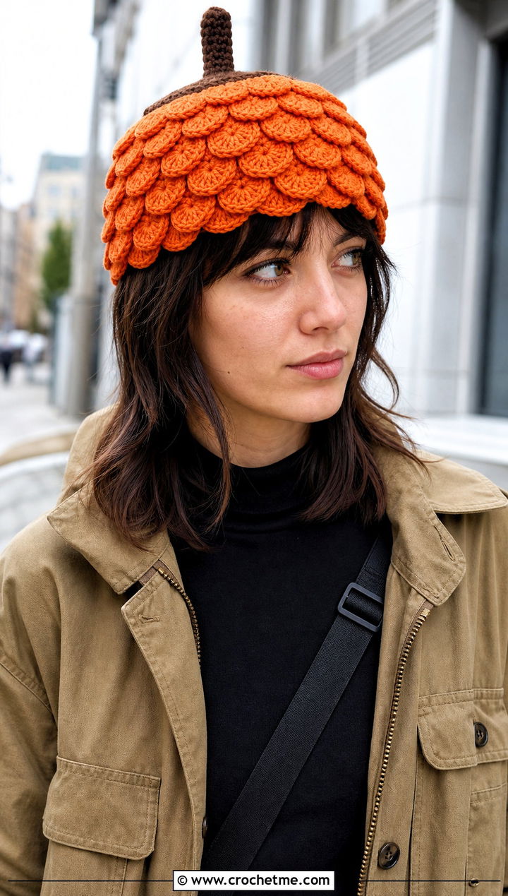 Crocodile Stitch Crochet Acorn Hat With Utility Jacket - 30 crochet acorn hat outfit ideas