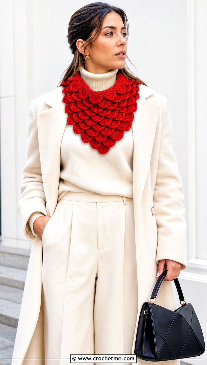 Crocodile Stitch Crochet Bandana Cowl With Monochrome Outfit - 30 crochet bandana cowl outfit ideas
