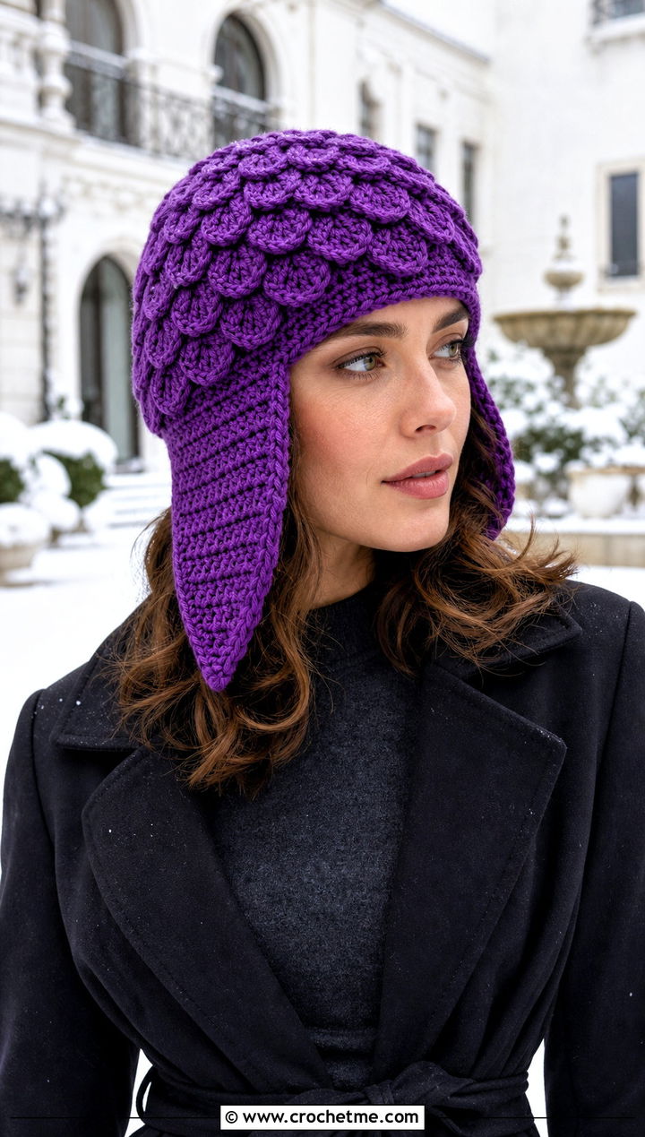 Crocodile Stitch Crochet Ear Flap Hat With Sweater Dress - 30 crochet adult ear flap hat outfit ideas