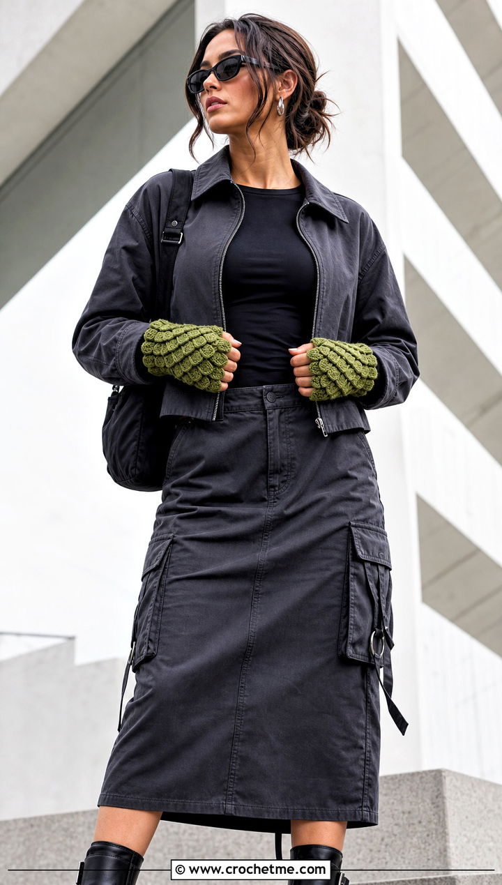 Crocodile Stitch Crochet Fingerless Mitts With Cargo Skirt - 30 crochet half gloves fingerless mitts outfit ideas