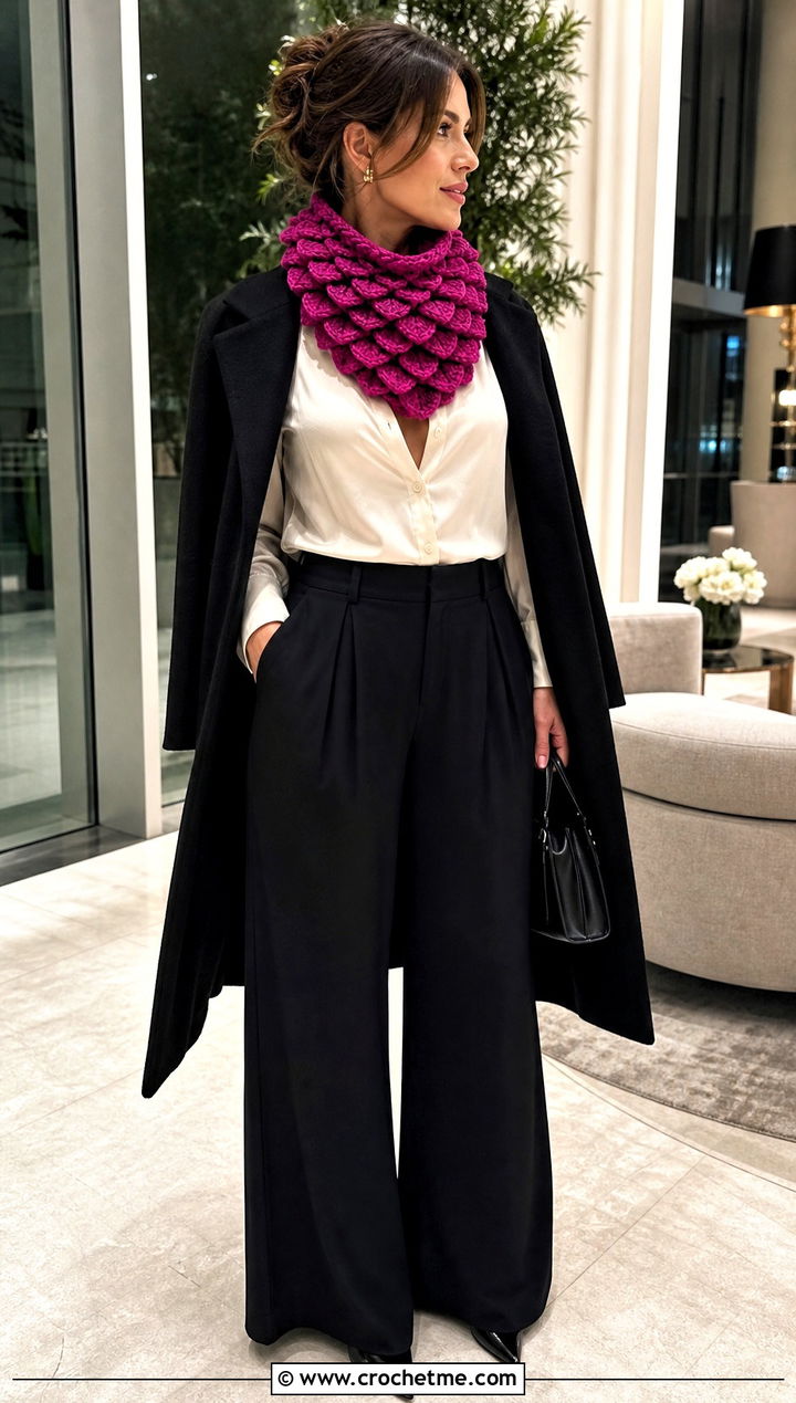 Crocodile Stitch Pink Crochet Cowl With Satin Blouse - 15 pink crochet cowl outfit ideas