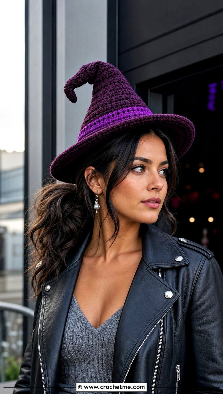 Crooked Cone Mini Crochet Witch Hat With Leather Jacket - 25 Mini Crochet Witch Hat outfit ideas