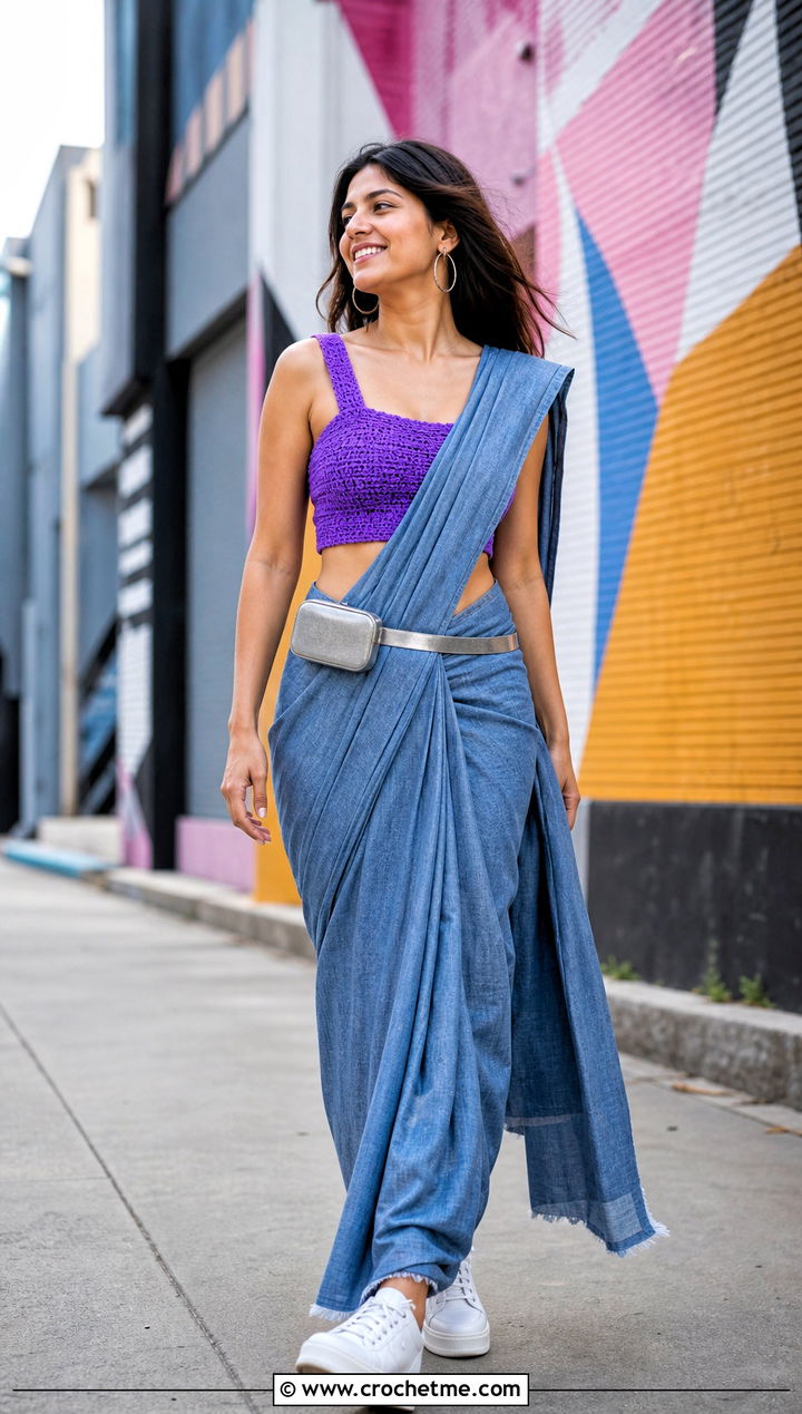 Crop Crochet Blouse With Denim Saree - 35 Crochet Blouse For Saree outfit ideas