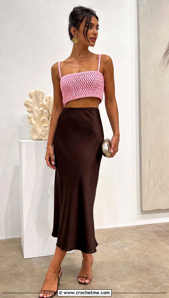 Cropped Rectangle Crochet Top With Satin Midi Skirt - 20 2 Rectangle Crochet Top outfit ideas