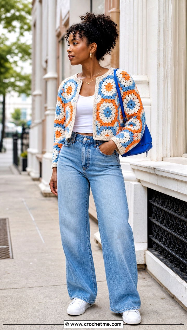 Cropped African Flower Crochet Cardigan With Wide Leg Jeans - 30 african flower crochet cardigan outfit ideas